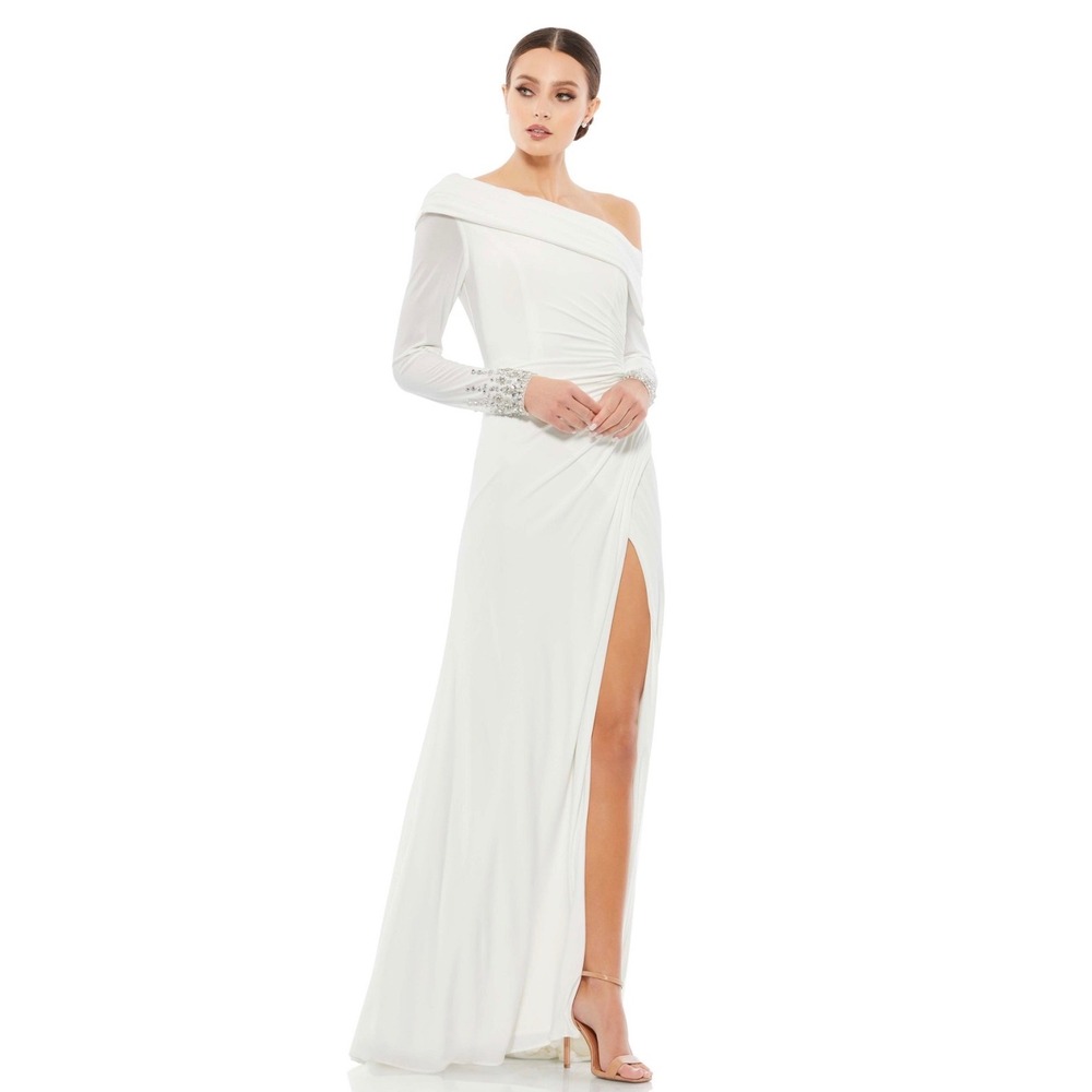 Mac Duggal 12231 White One Shoulder Embellished Cuff Jersey Gown Dress